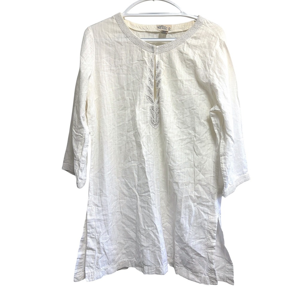 Old Navy Tunic‎ Top Ivory Boho Beaded Embroidered Cotton Gauze XL